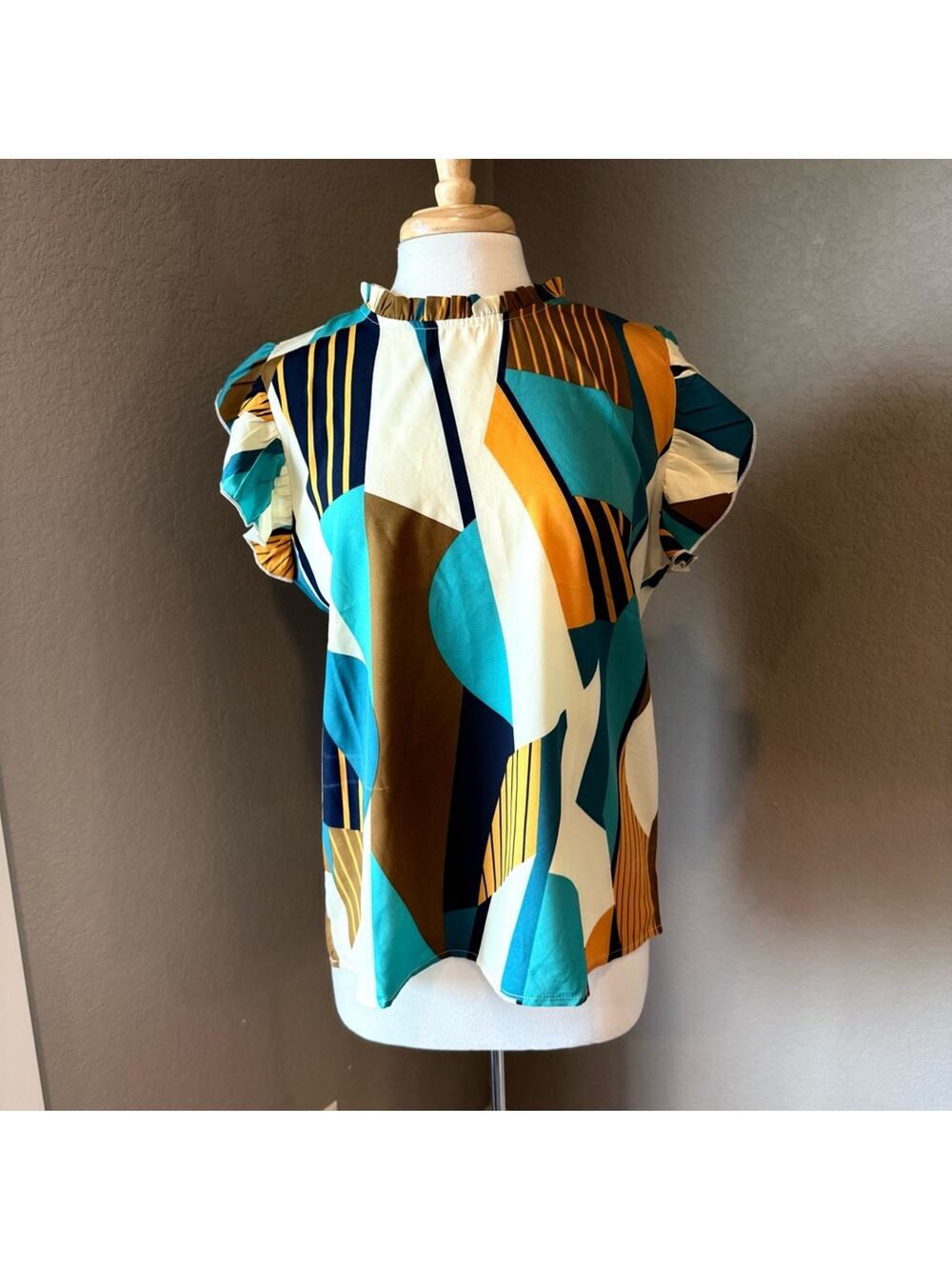 Teal and Brown Abstract Women's Blouse XL
